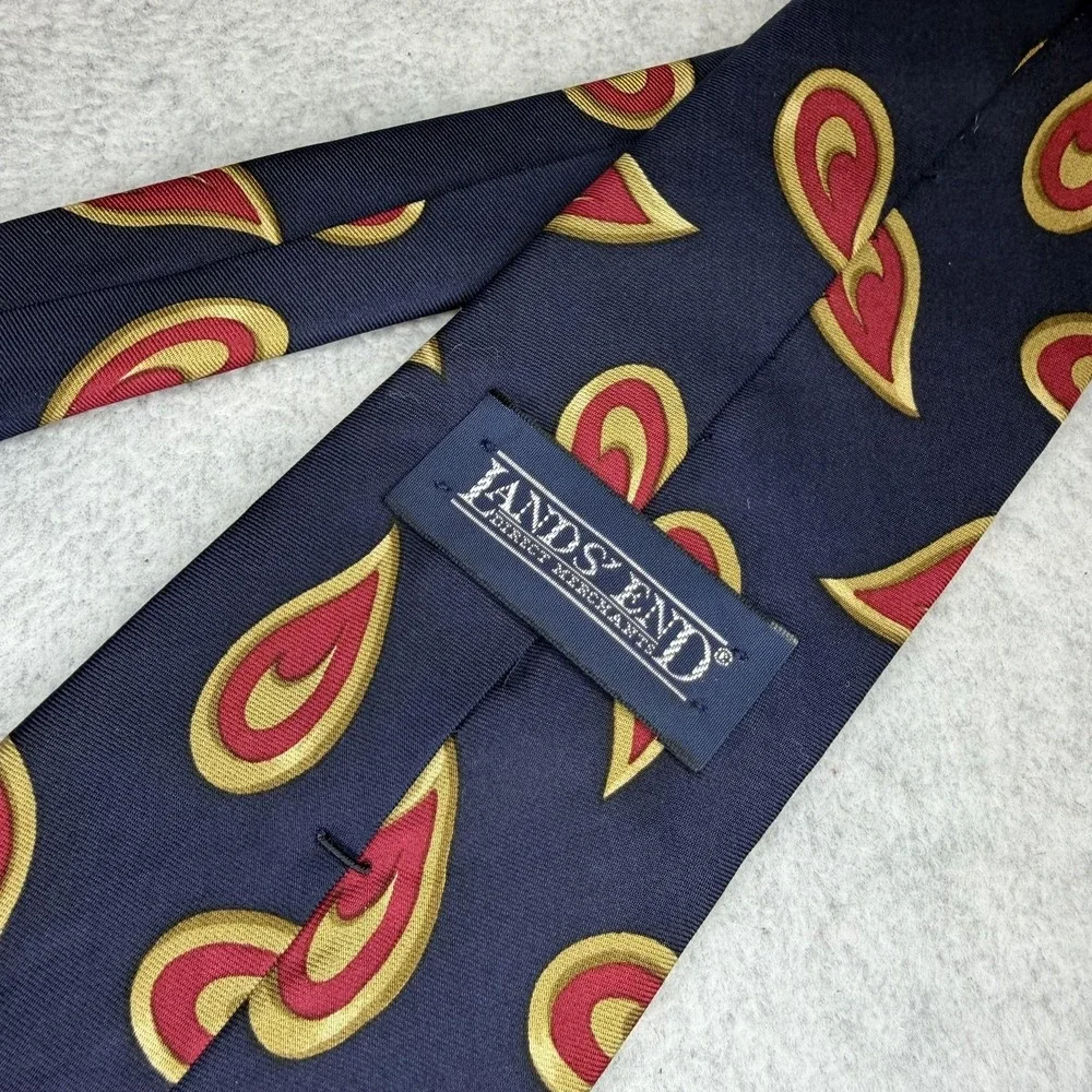 Lands' End Tie Necktie Mens One Size Navy‎ Silk Paisley Hand Sewn Made USA